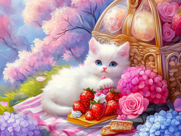 A romantic picnic in the flower field for the little cat