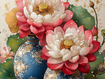 The shadows of lotus flowers are reflected in the porcelain paintings
