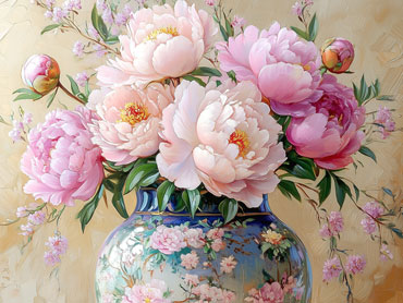The scene in the bottle filled with blooming flowers