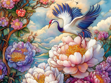 Graceful cranes and blooming peonies